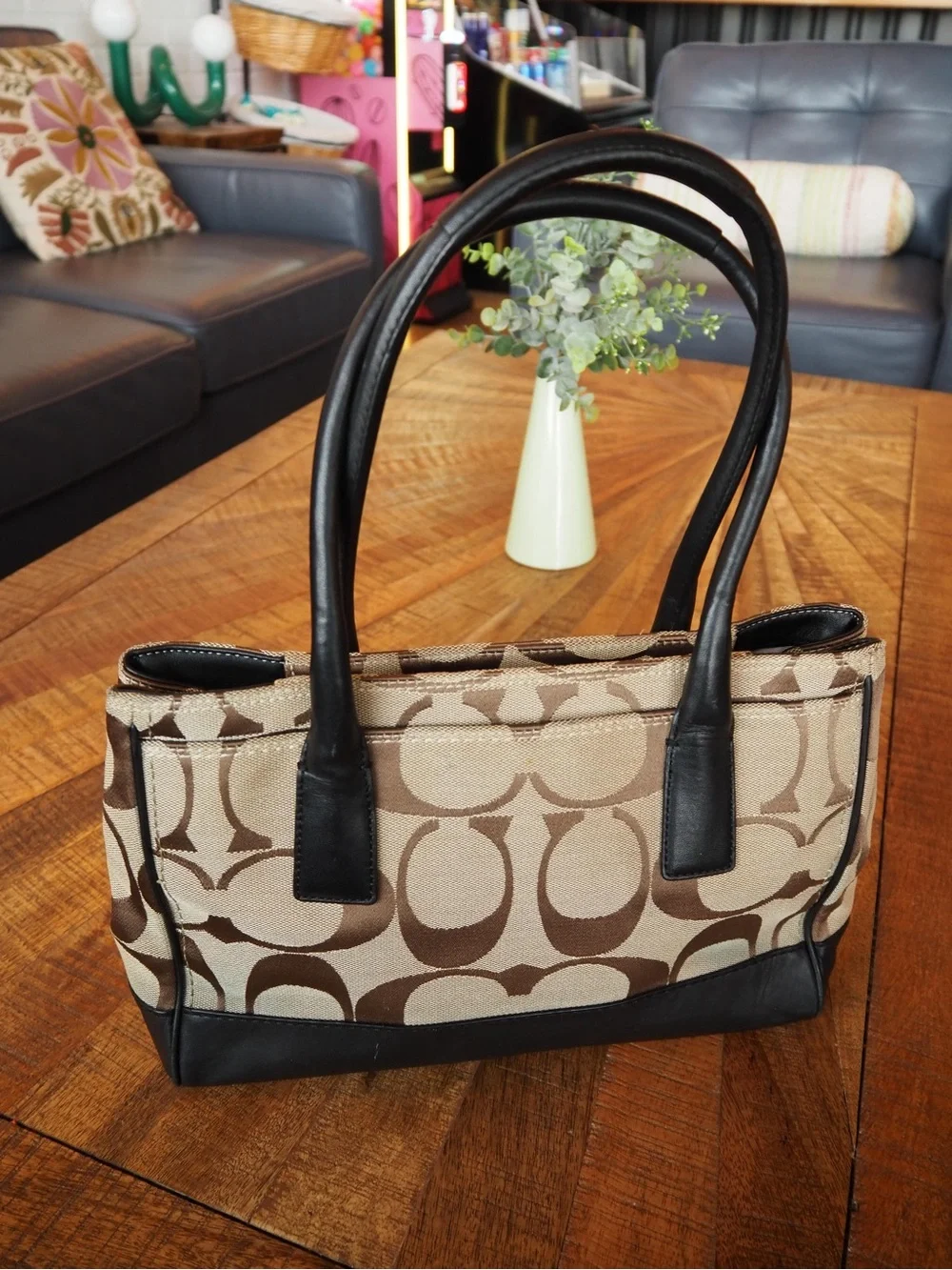 Coach Hampton Madeline Signature Canvas Tote with Black Leather Trim
